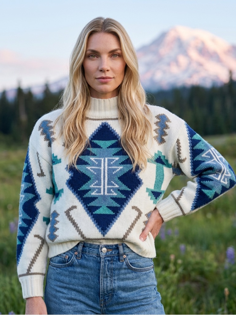 Karuba Vintage Knit Wool Sweater Medium Off-White Blue Geometric